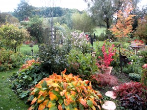 Vue sur une partie du jardin avec plusieurs pièces sculptées