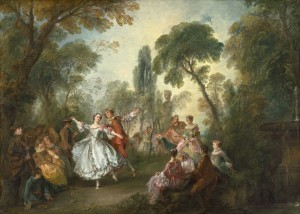 "Fête galante avec la Camargo dansant comme partenaire" de Lancret (Washington)